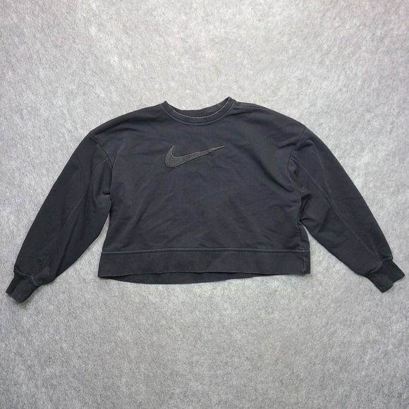 Nike Tops - Nike‎ Crop Sweatshirt Womens Medium Black Center Solo Fuzzy Swoosh Crew Neck